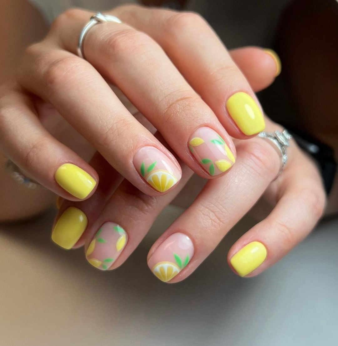 Yellow And Pink Short Square With Lemon Art Yellow And Pink Short Square With Lemon Art — Simple Short Nails