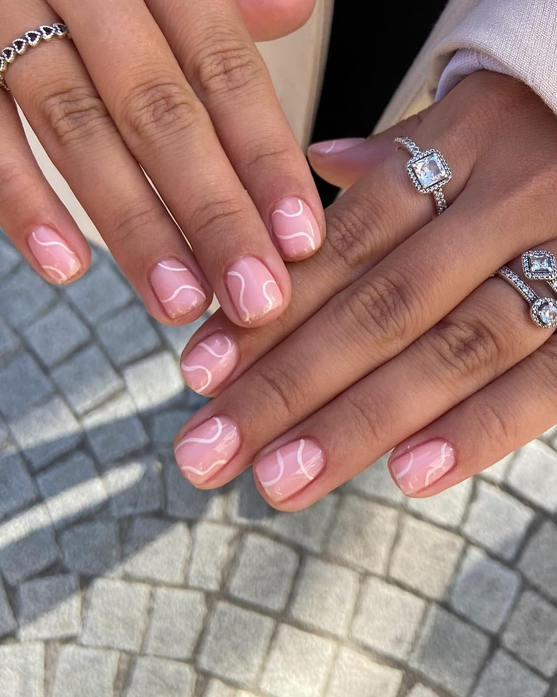 Light Pink Short Soft Square With White Waves Light Pink Short Soft Square With White Waves — Simple Short Nails