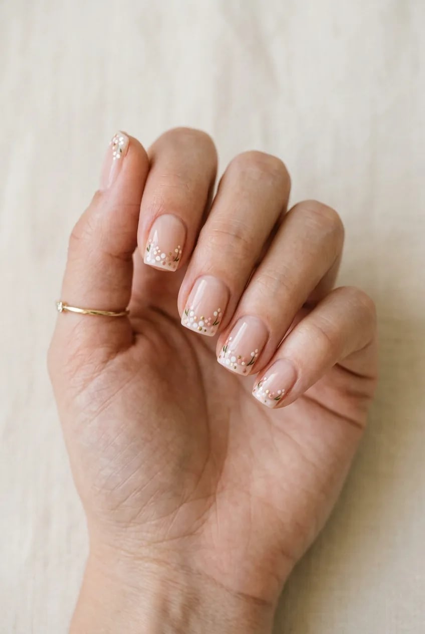 Nude French Short Square With Floral Edge Nude French Short Square With Floral Edge — Simple Short Nails