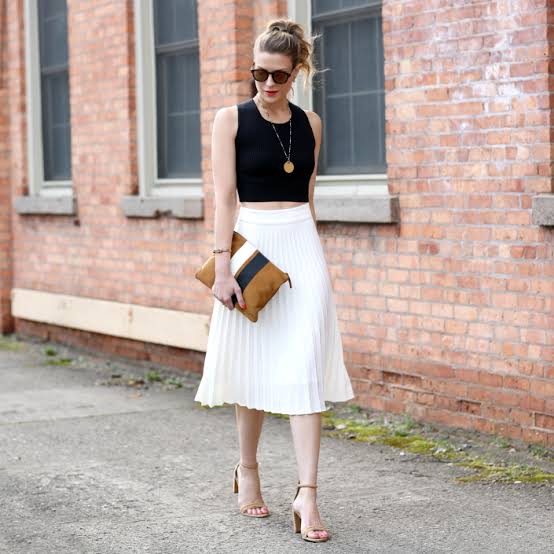 Black Crop Top with White Pleated Midi Skirt Black Crop Top with White Pleated Midi Skirt — Simple Style