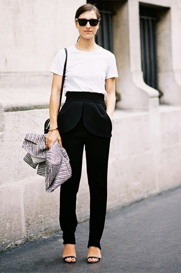 White T-shirt with Sculptural Black Trousers White T-shirt with Sculptural Black Trousers — Simple Style