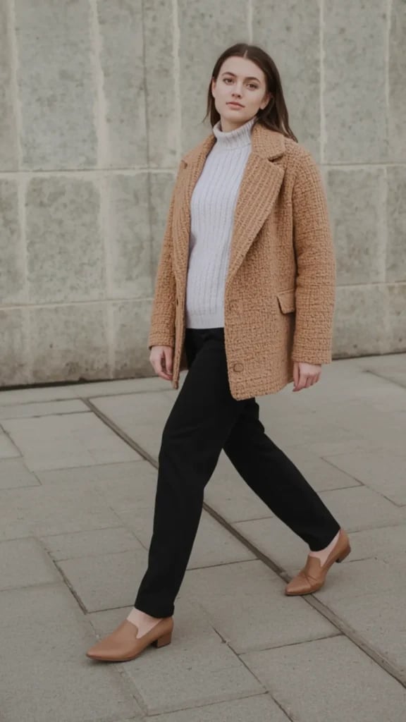 Brown Textured Coat Over Gray Turtleneck Brown Textured Coat Over Gray Turtleneck — Simple Style