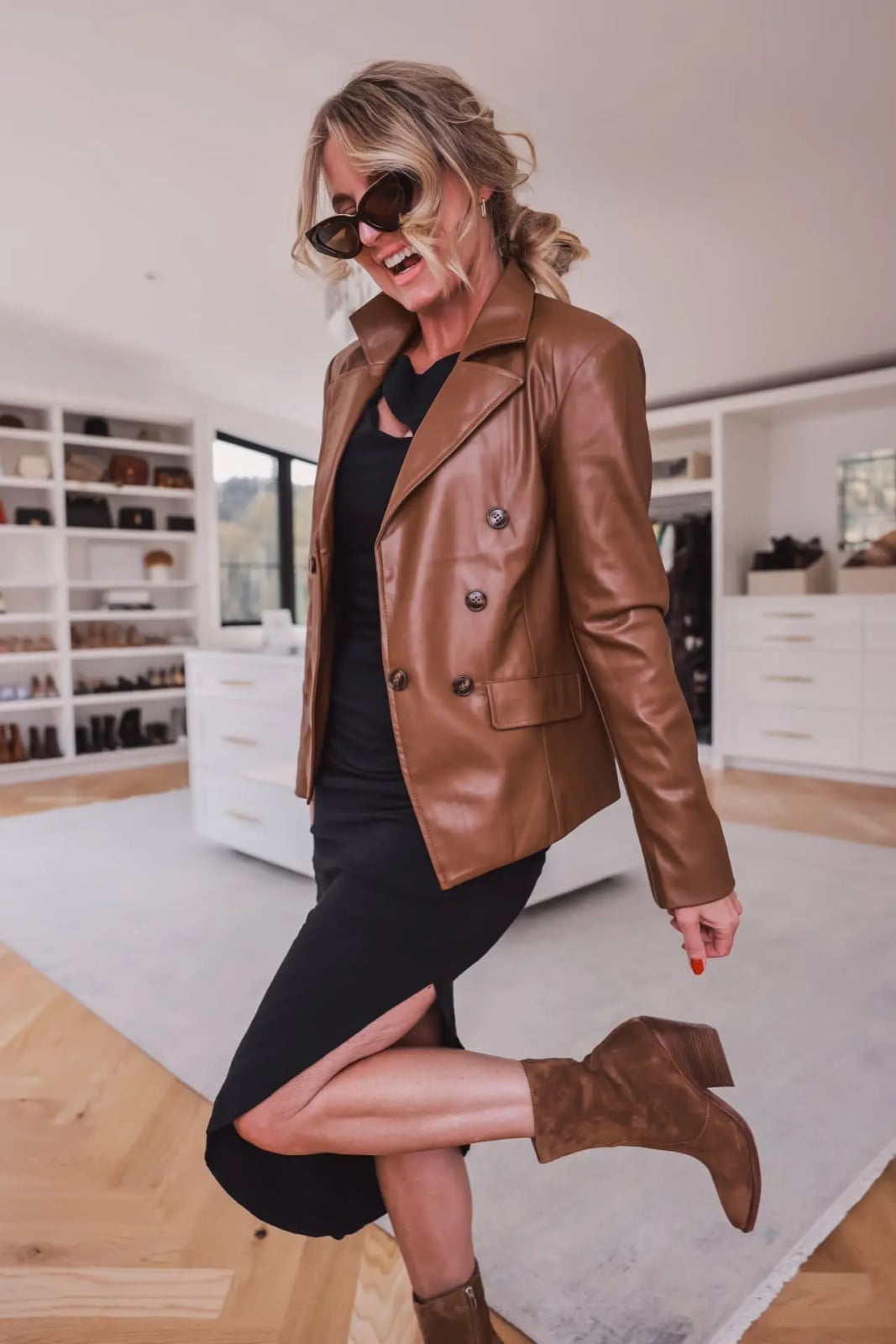 Brown Faux Leather Blazer Over Black Dress Brown Faux Leather Blazer Over Black Dress — Simple Style