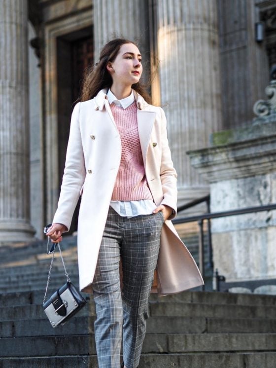 Pale Pink Coat Over Striped Shirt and Sweater Pale Pink Coat Over Striped Shirt and Sweater — Simple Style
