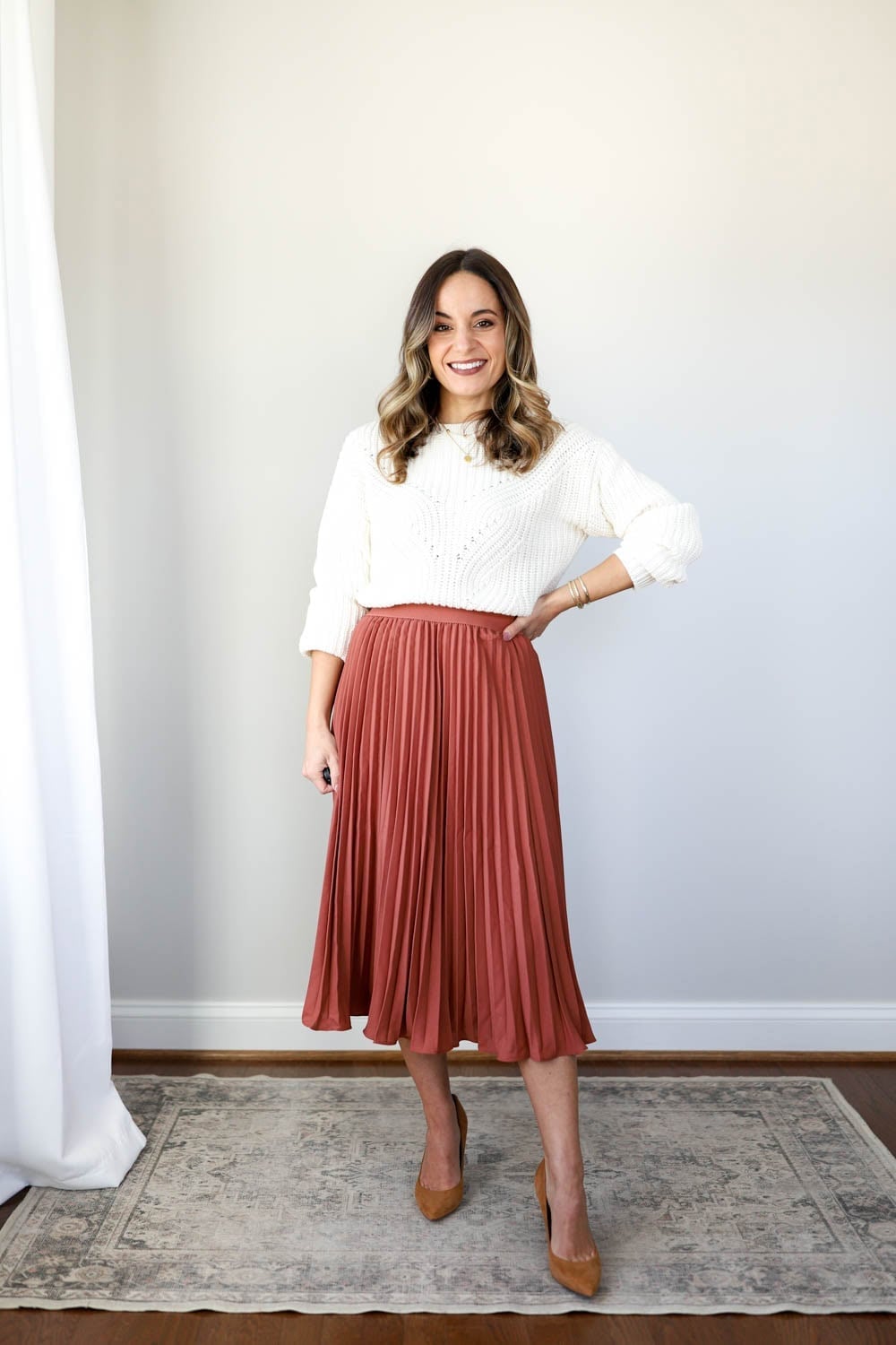 Rust Orange Pleated Midi Skirt With Cream Cable Knit Sweater Rust Orange Pleated Midi Skirt With Cream Cable Knit Sweater — Skirt Outfits