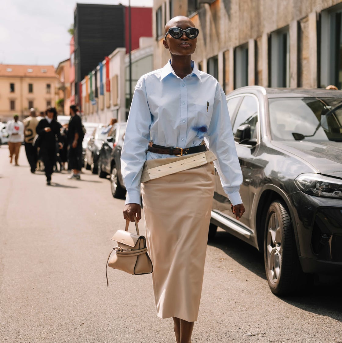 Beige Satin Midi Skirt With Light Blue Oversized Shirt Beige Satin Midi Skirt With Light Blue Oversized Shirt — Skirt Outfits