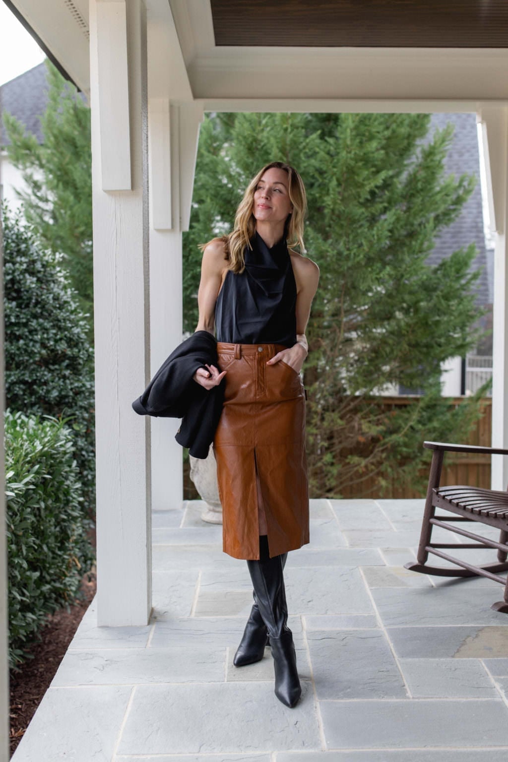 Brown Leather Midi Skirt With Black Cowl Neck Top Brown Leather Midi Skirt With Black Cowl Neck Top — Skirt Outfits
