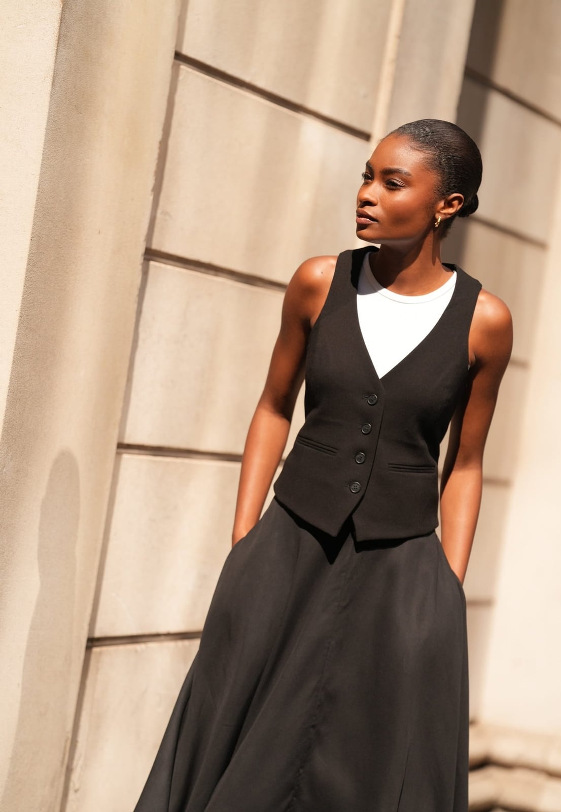 Flowing Black Midi Skirt With Black Waistcoat Flowing Black Midi Skirt With Black Waistcoat — Skirt Outfits
