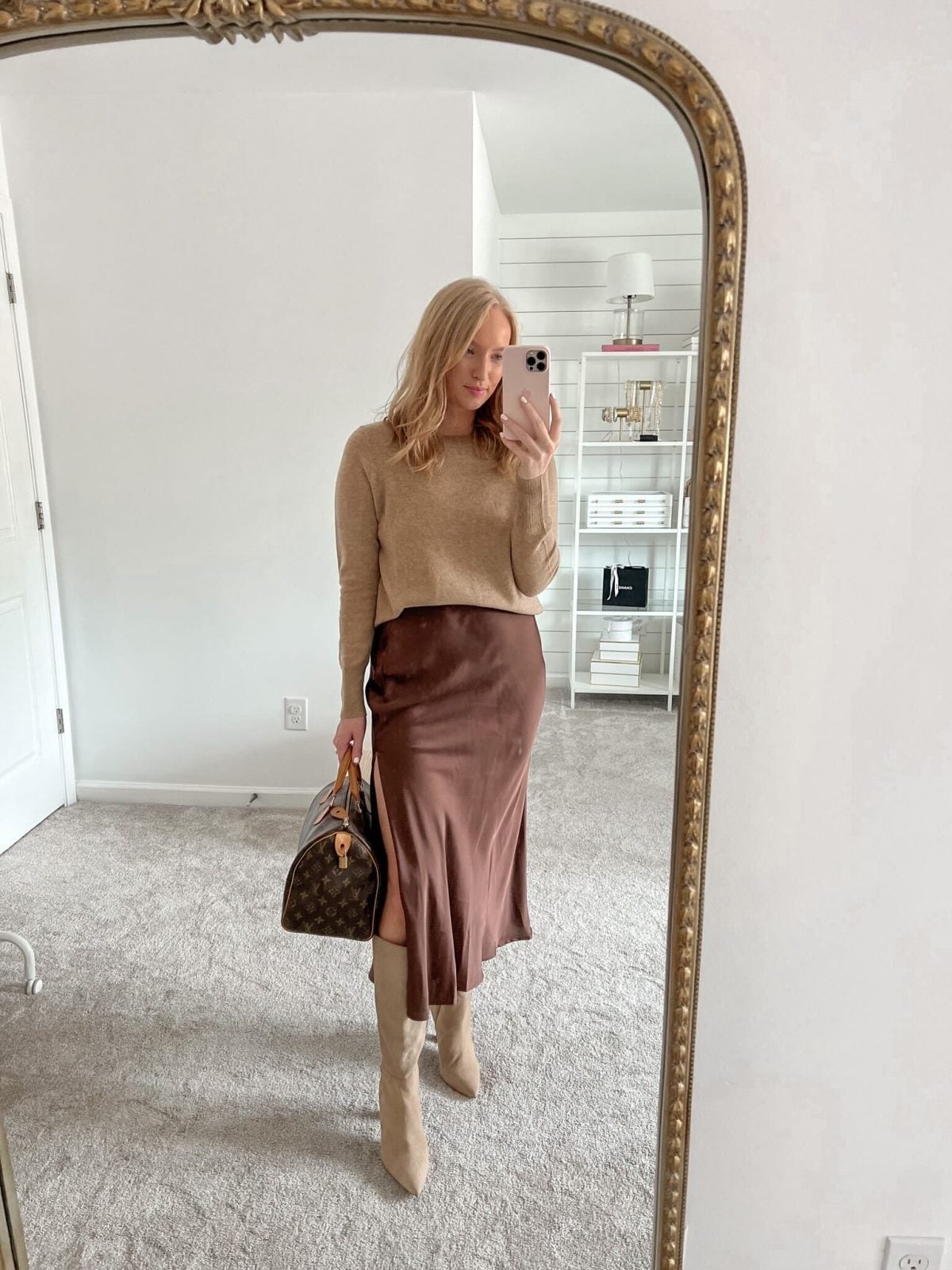 Brown Satin Midi Skirt With Side Slit And Camel Sweater Brown Satin Midi Skirt With Side Slit And Camel Sweater — Skirt Outfits