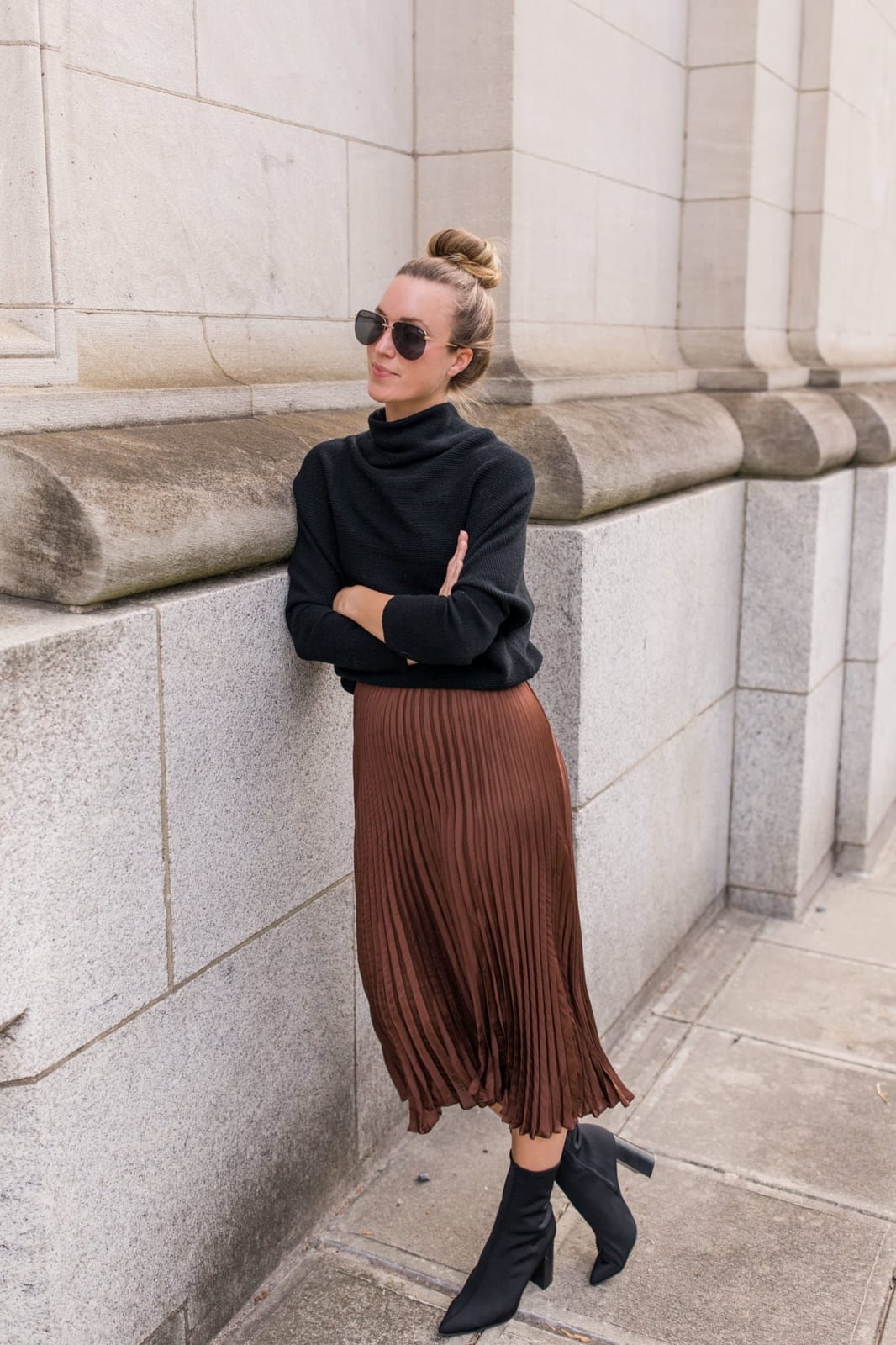Bronze Pleated Satin Midi Skirt With Black Turtleneck Bronze Pleated Satin Midi Skirt With Black Turtleneck — Skirt Outfits