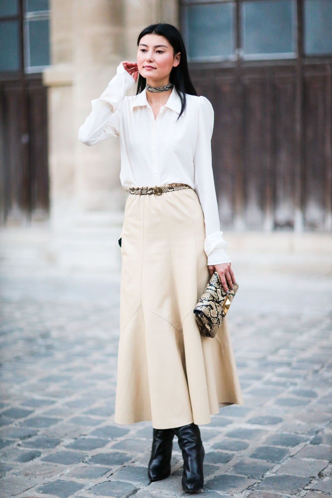 Beige Faux Leather Flared Midi Skirt With White Blouse Beige Faux Leather Flared Midi Skirt With White Blouse — Skirt Outfits