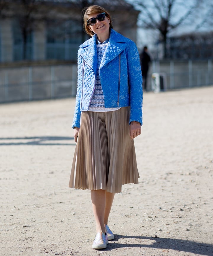 Beige Pleated Midi Skirt With Blue Biker Jacket Beige Pleated Midi Skirt With Blue Biker Jacket — Skirt Outfits