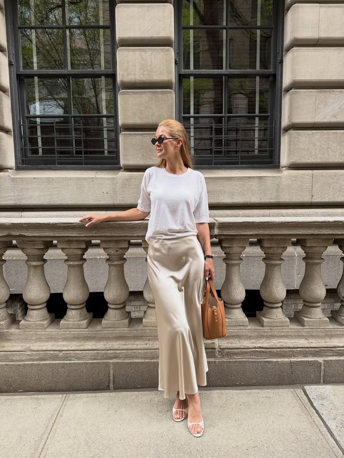 Beige Satin Slip Skirt With White Crew Neck T-shirt Beige Satin Slip Skirt With White Crew Neck T-shirt — Skirt Outfits