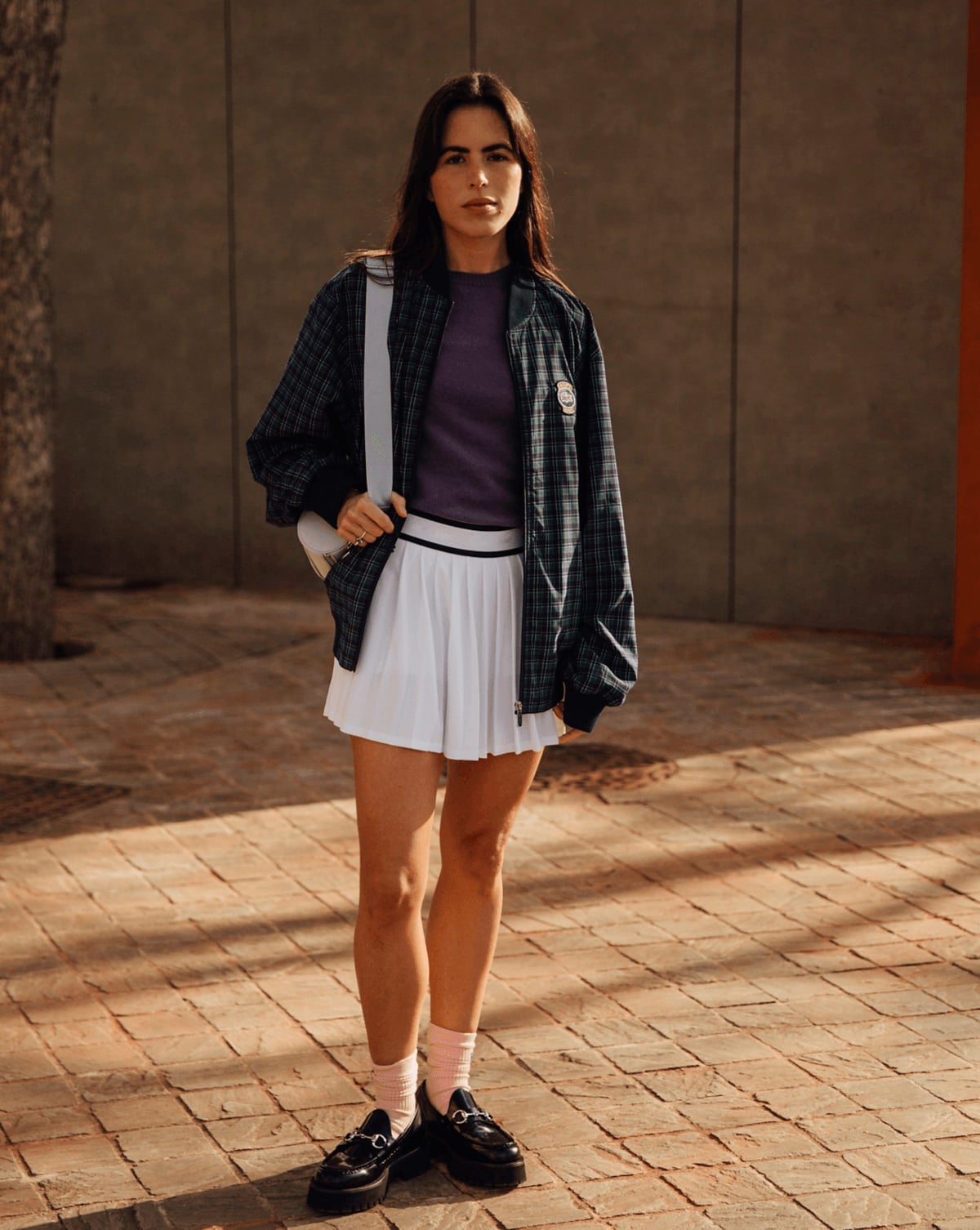 White Pleated Skort With Purple Sweater and Plaid, Close-Up Take White Pleated Skort With Purple Sweater and Plaid, Close-Up Take — Skort Outfits