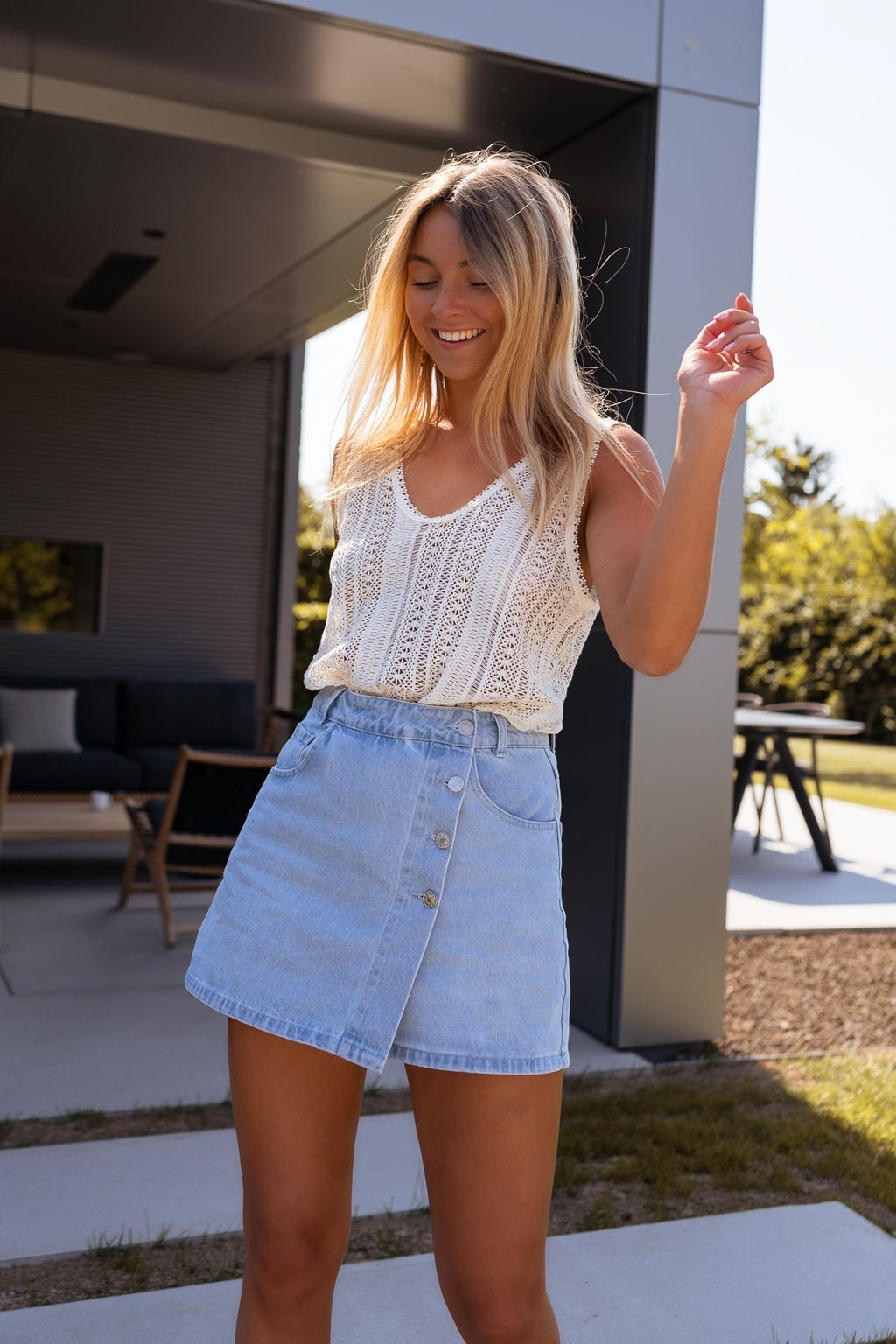 Light Blue Denim Skort With Crochet Knit Top Light Blue Denim Skort With Crochet Knit Top — Skort Outfits