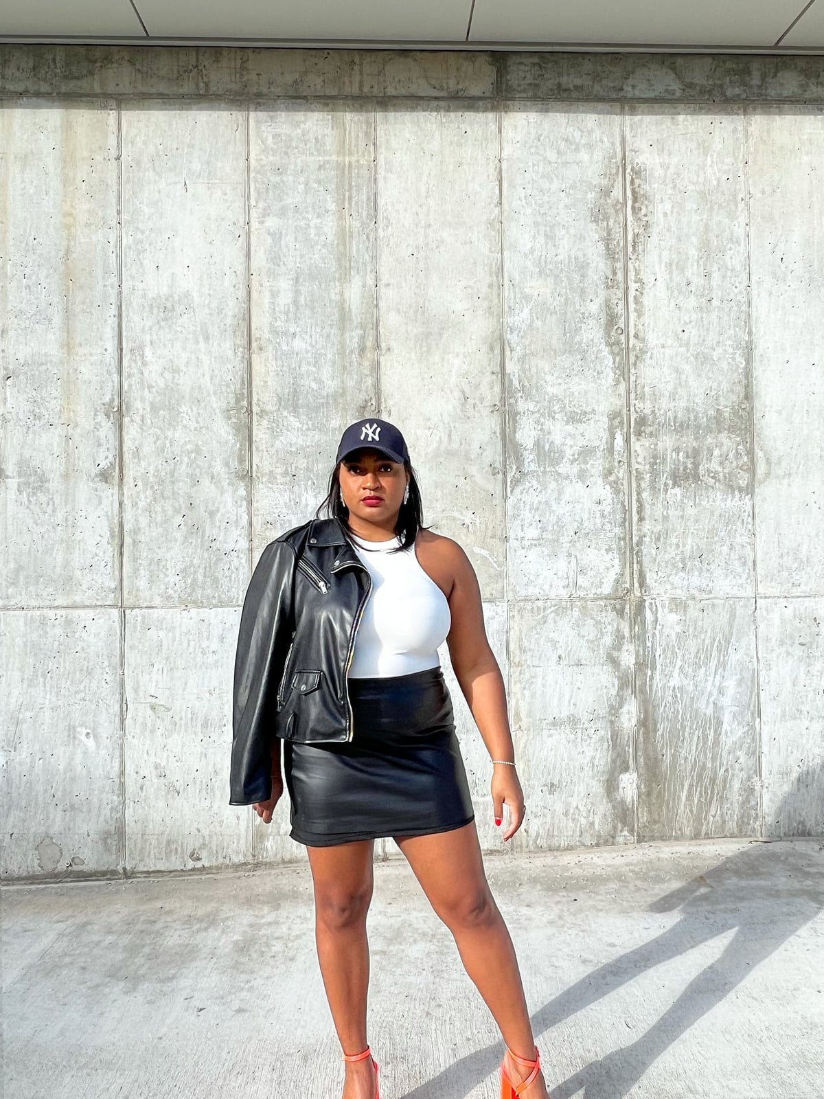 Black Leather Mini Skirt With White Tank and Jacket Black Leather Mini Skirt With White Tank and Jacket — Skort Outfits