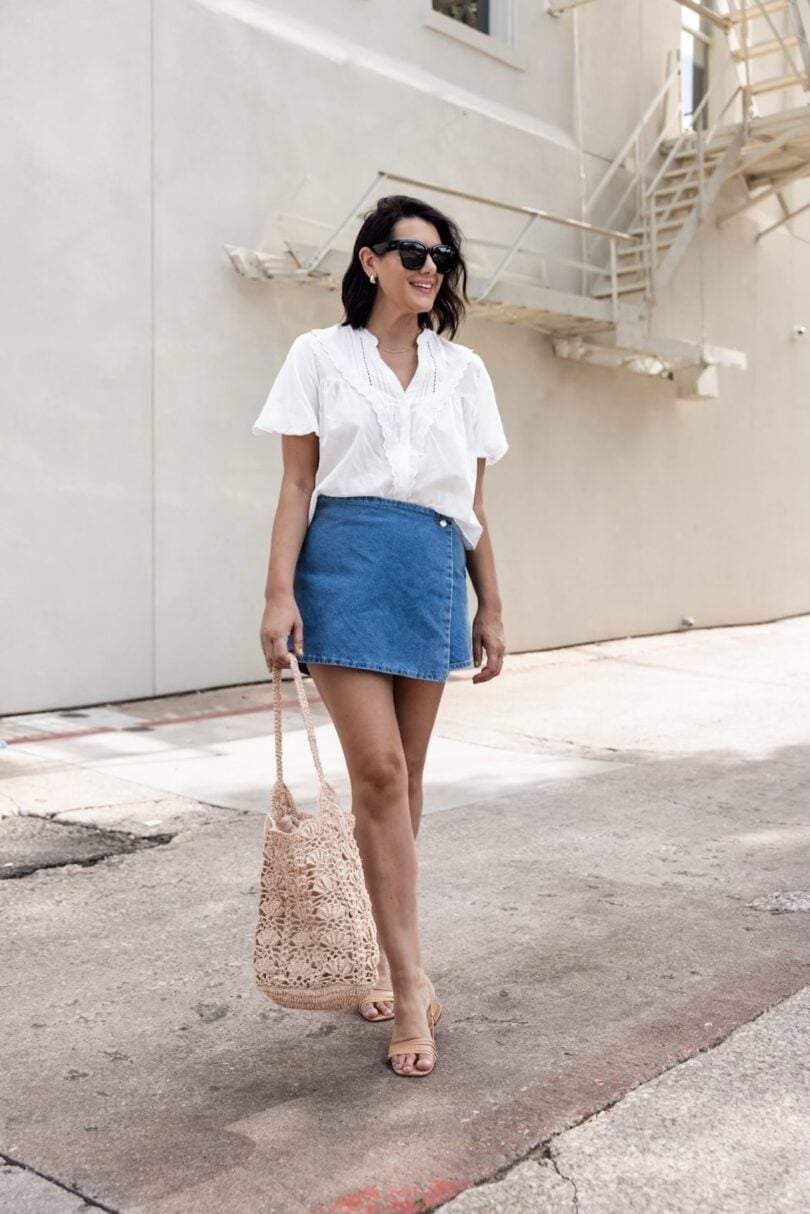 Blue Denim Wrap Skort With Eyelet Blouse Blue Denim Wrap Skort With Eyelet Blouse — Skort Outfits