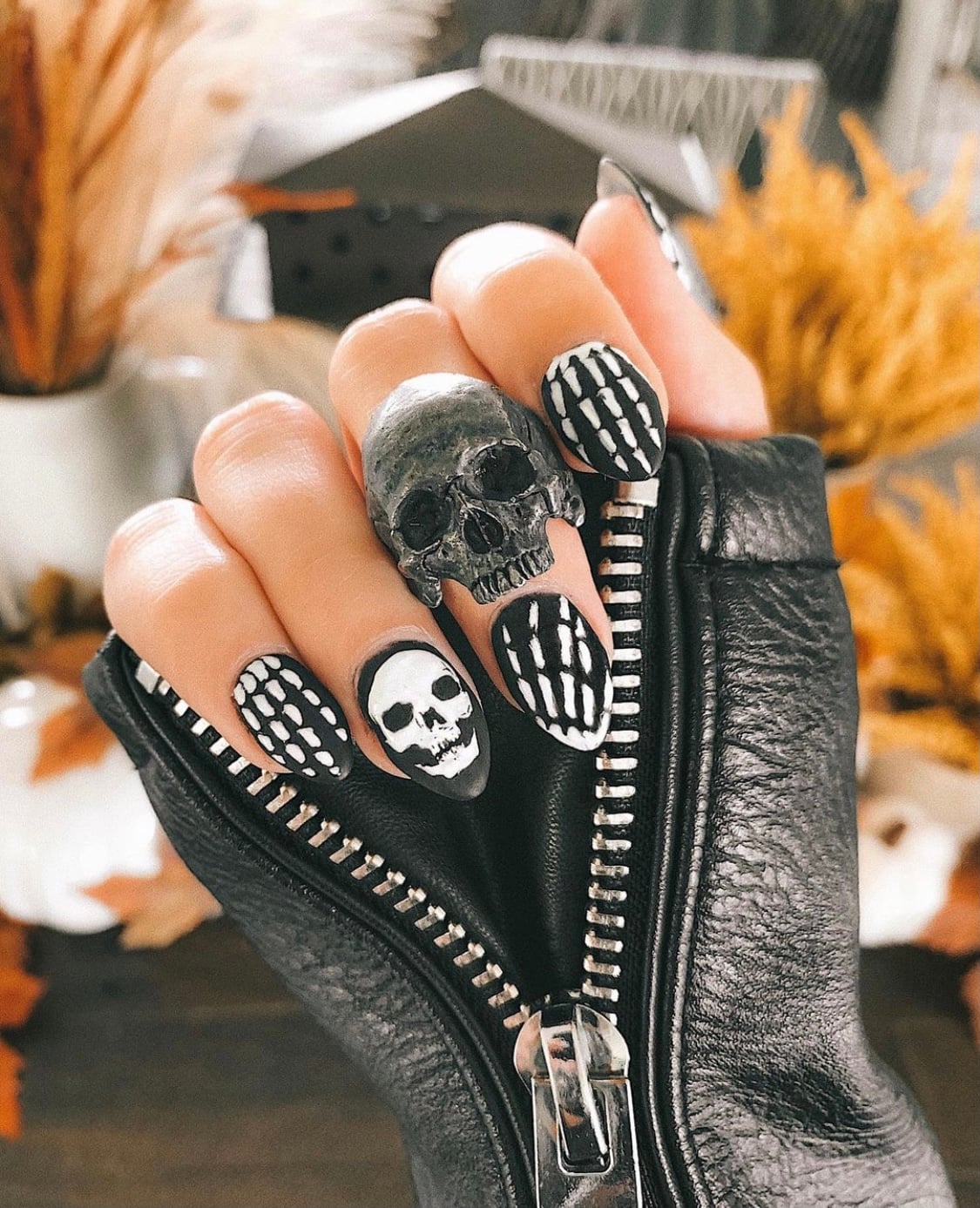 Matte Black Long Stiletto Skull and Skeleton Nails Matte Black Long Stiletto Skull and Skeleton Nails — Skull Nails