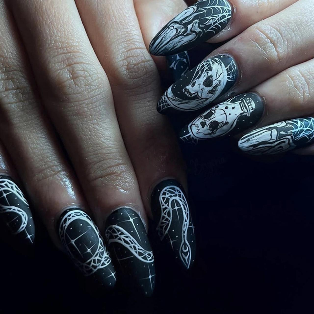 Long Matte Black Gothic Skull and Snake Nails Long Matte Black Gothic Skull and Snake Nails — Skull Nails
