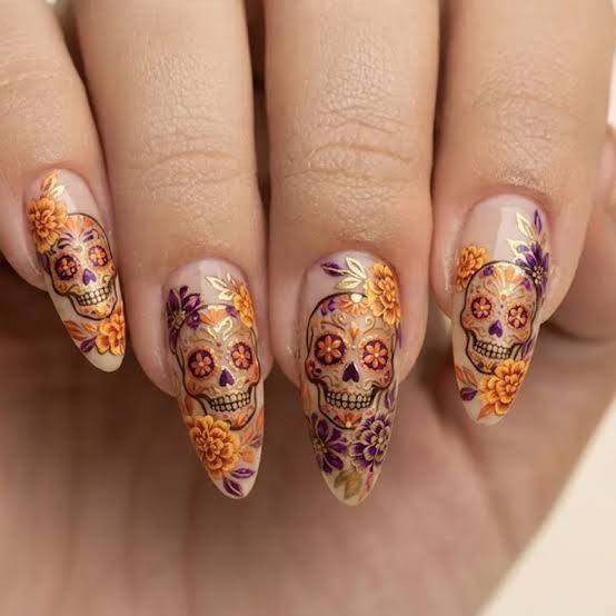 Long Stiletto Calavera Skull Floral Nails Long Stiletto Calavera Skull Floral Nails — Skull Nails