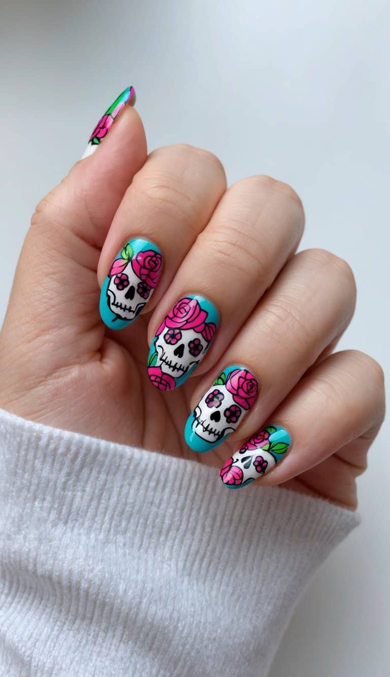 Medium Oval Teal Sugar Skull with Roses Medium Oval Teal Sugar Skull with Roses — Skull Nails