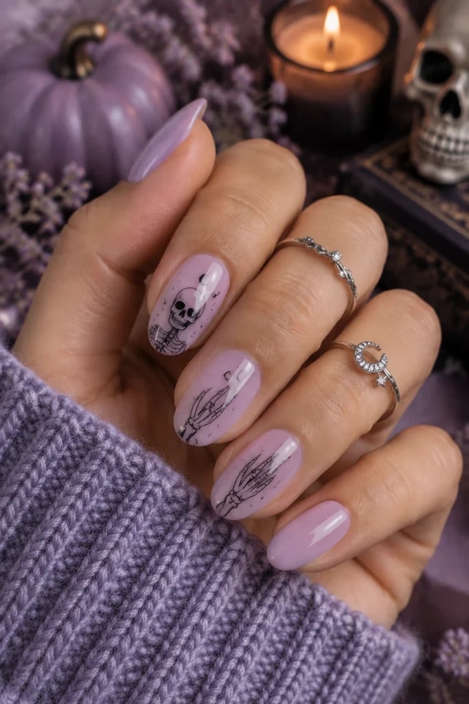 Medium Oval Lilac Skeleton and Skull Line Art Nails Medium Oval Lilac Skeleton and Skull Line Art Nails — Skull Nails