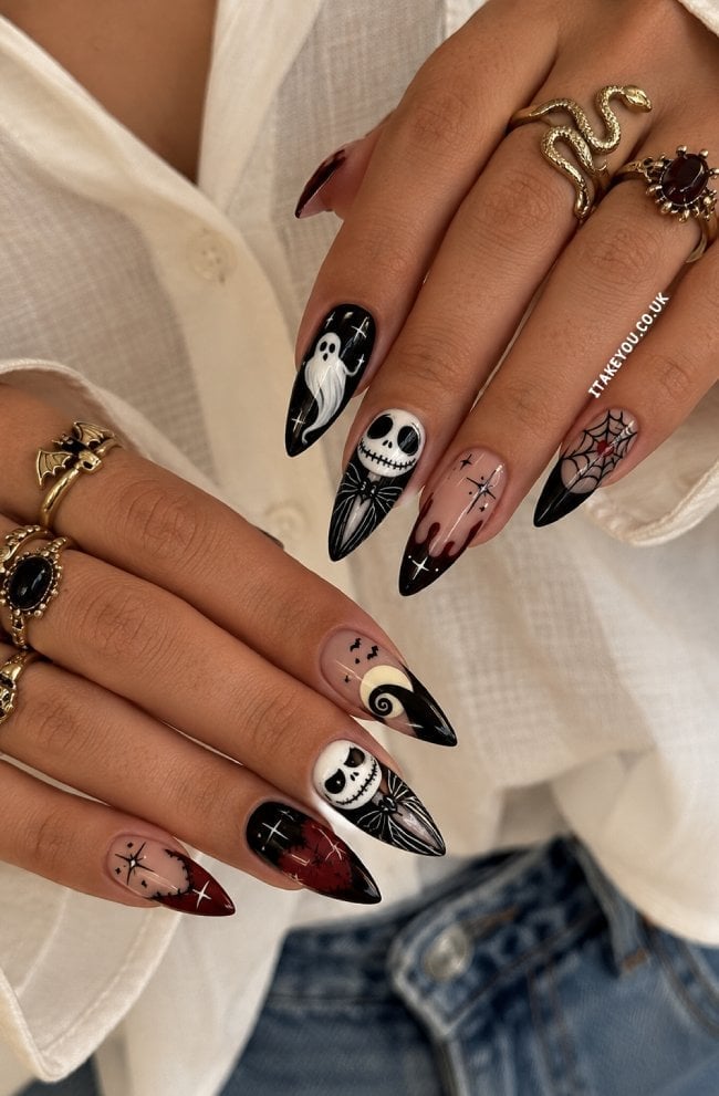Long Stiletto Halloween Art with Red Drips Long Stiletto Halloween Art with Red Drips — Skull Nails