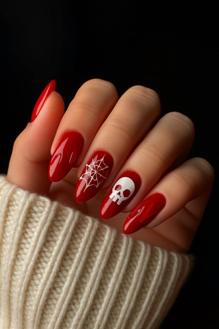 Medium Red Almond Nails with White Skull and Spiderweb Medium Red Almond Nails with White Skull and Spiderweb — Skull Nails
