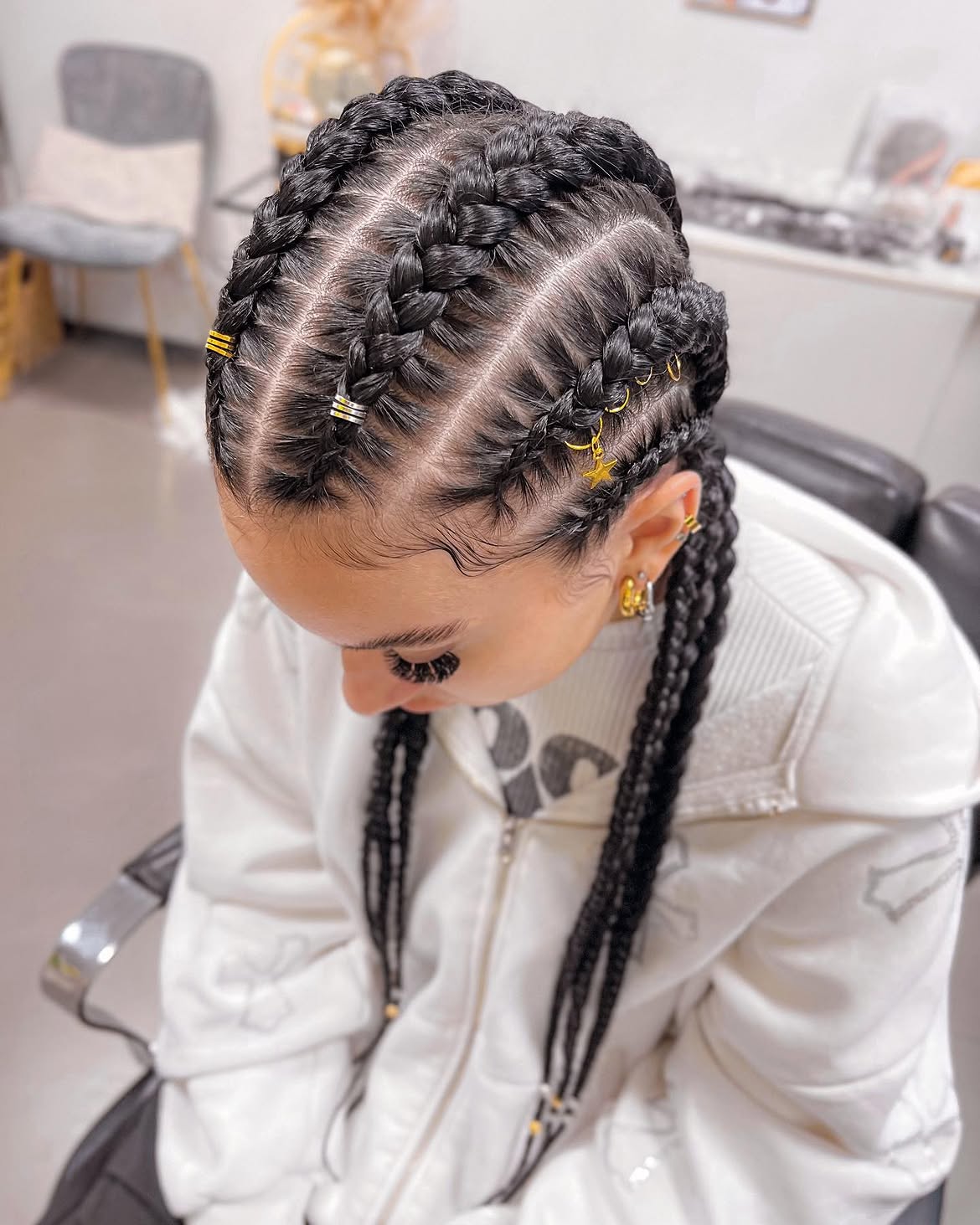 Sleek Feed-In Cornrows With Gold Hair Cuffs