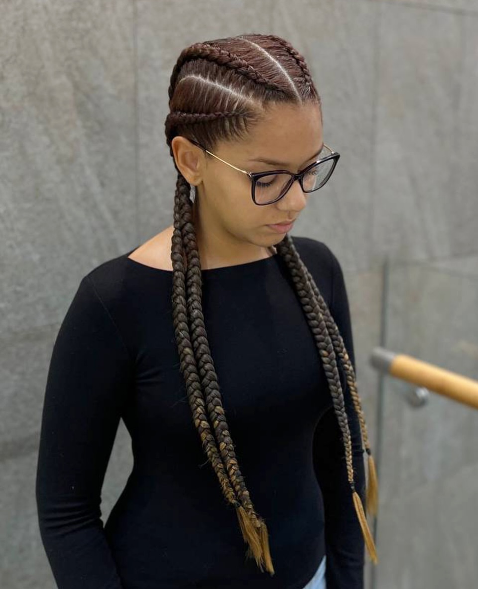 Sleek Four Feed-In Braids With Blonde Ends