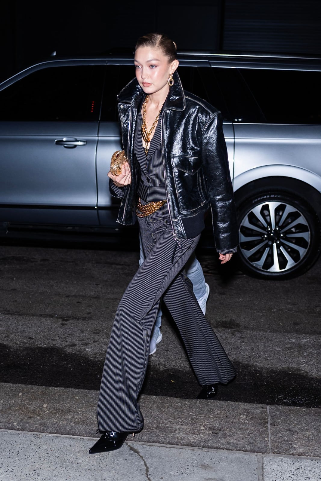 Black patent leather jacket with pinstripe suit Black patent leather jacket with pinstripe suit — Smart Casual Outfits