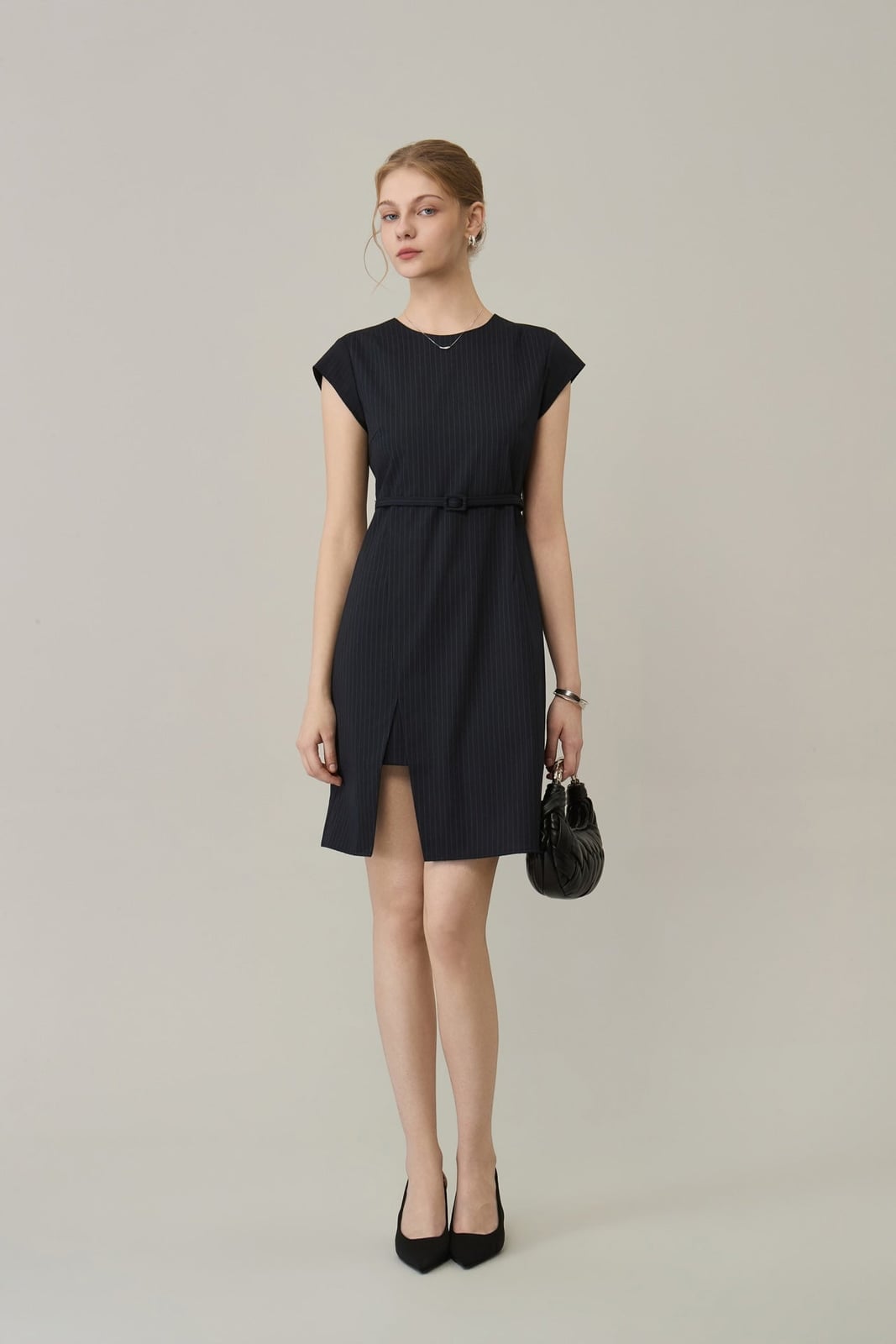 Dark navy pinstripe sheath dress with belt Dark navy pinstripe sheath dress with belt — Smart Casual Outfits