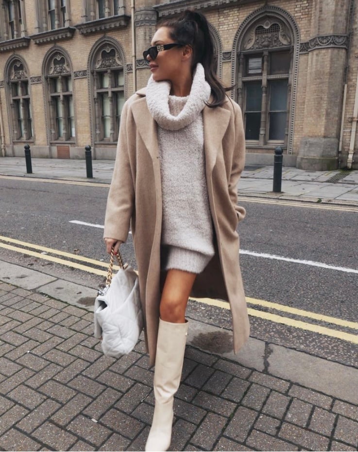 Cream sweater dress with long camel coat Cream sweater dress with long camel coat — Smart Casual Outfits