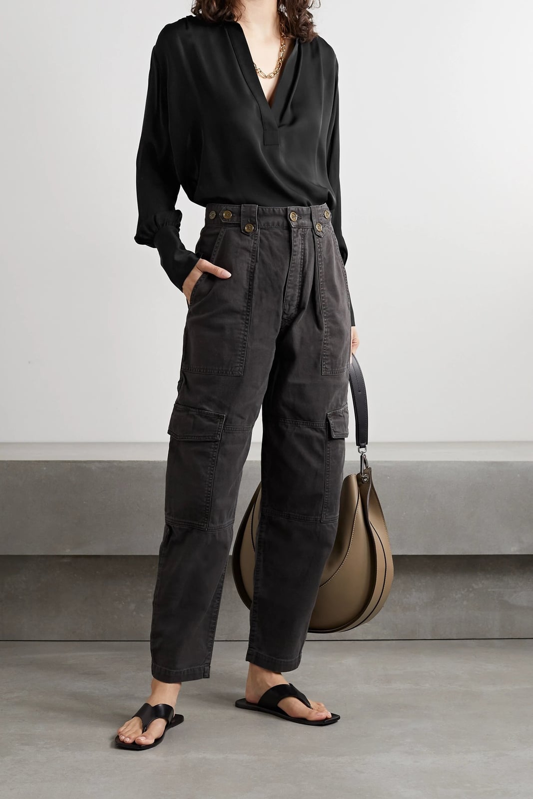 Black silk blouse with charcoal cargo pants Black silk blouse with charcoal cargo pants — Smart Casual Outfits
