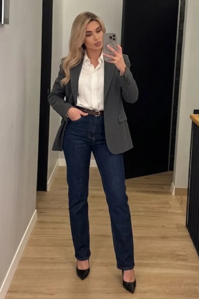 Gray blazer with white shirt and dark jeans Gray blazer with white shirt and dark jeans — Smart Casual Outfits