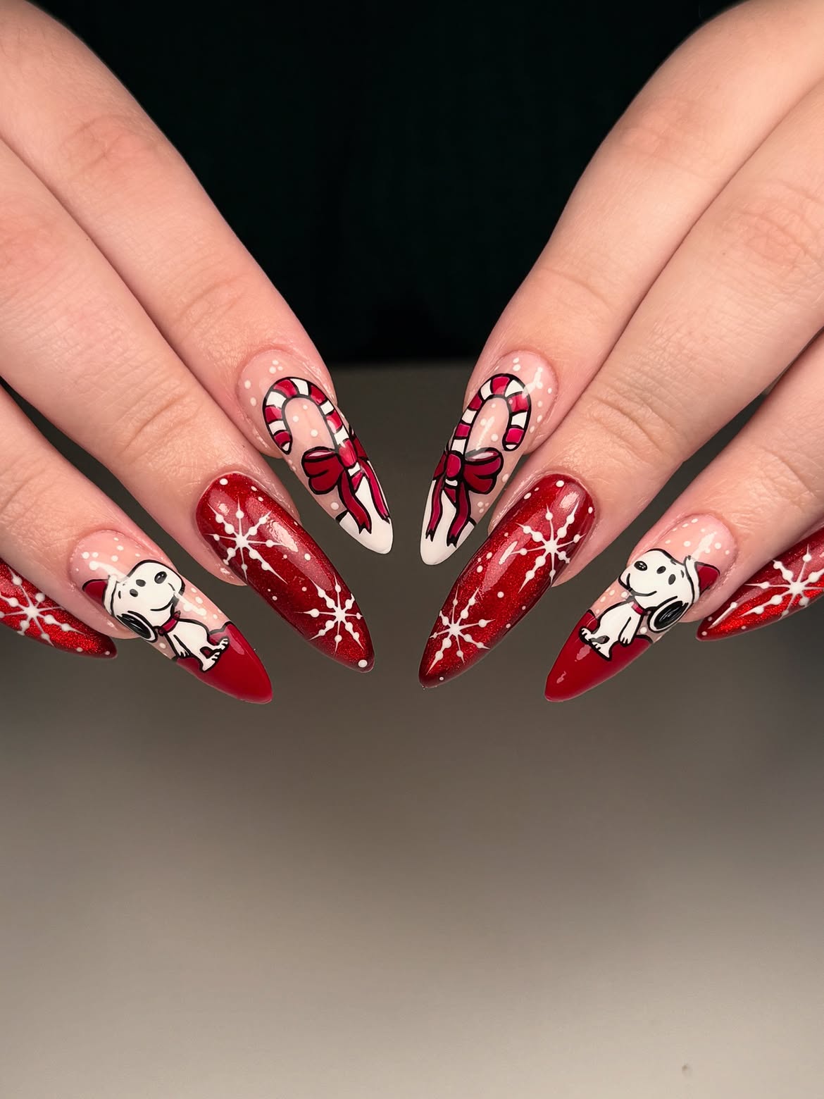 Snoopy Christmas Candy Cane Stiletto Nails