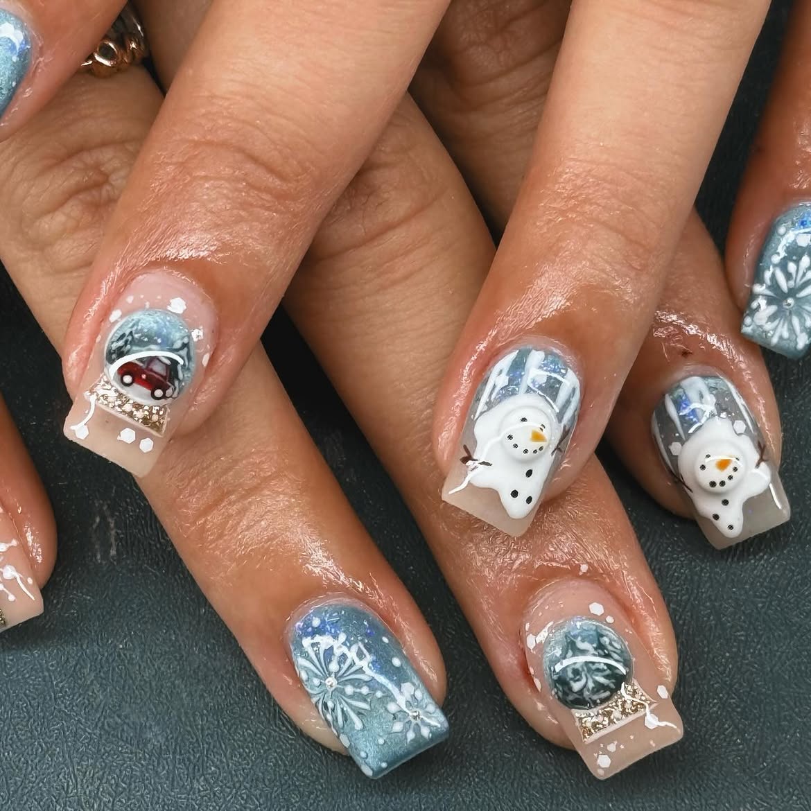 Snow Globe Nails With Snowmen and Cars