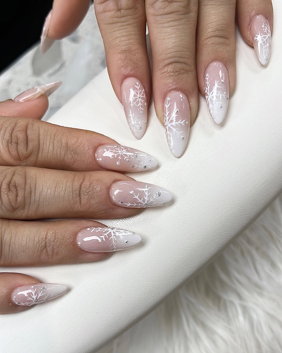 Snowflake French Ombre Almond Nails