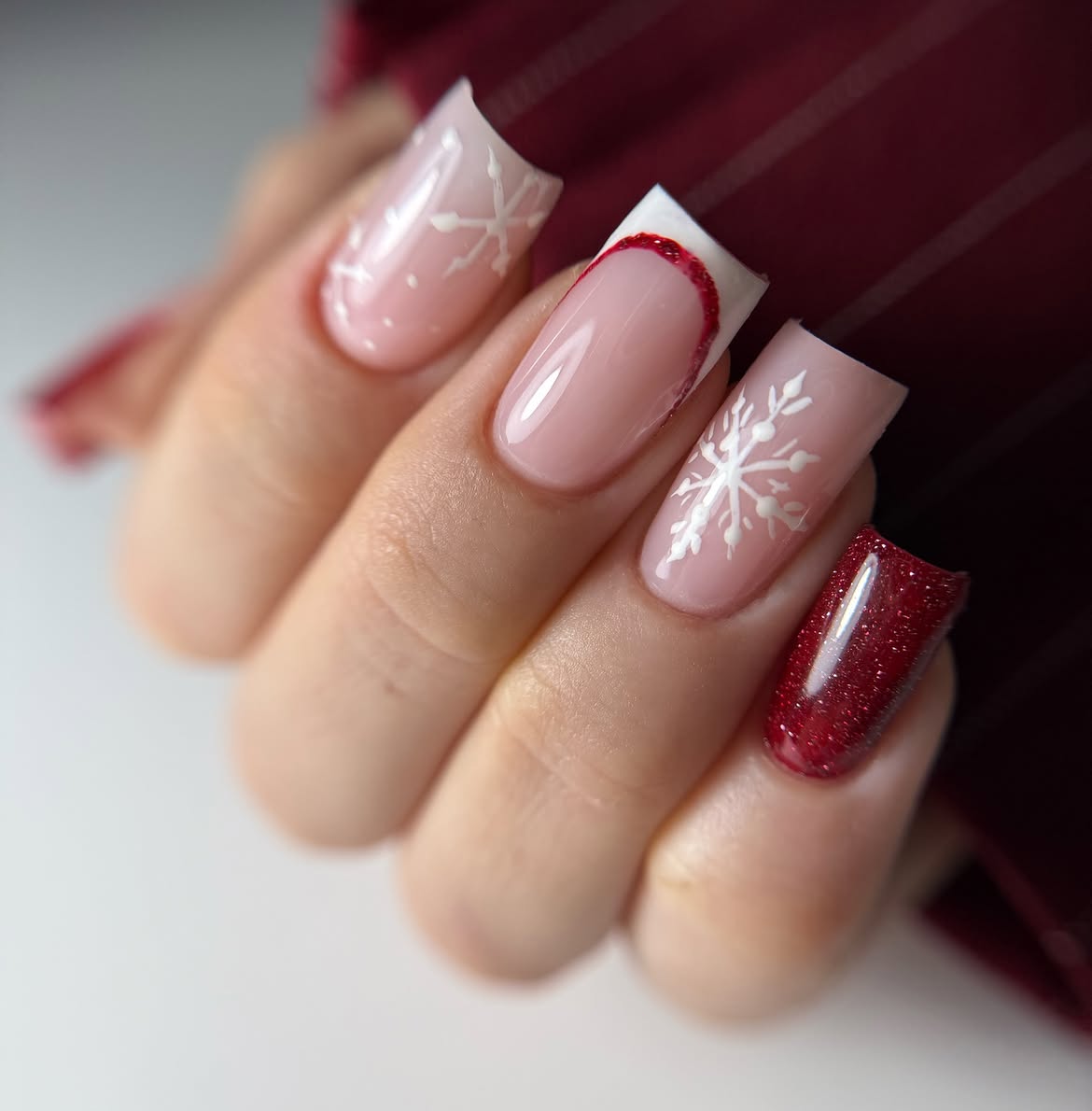 Snowflake French Tips With Glitter Accent