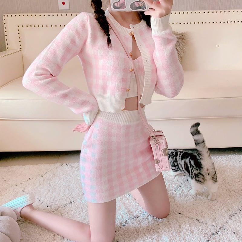 Bubblegum Knit Embroidery Sweet Pink Blue Plaid Tank Top Cardigan Skir – Sugarplum Store