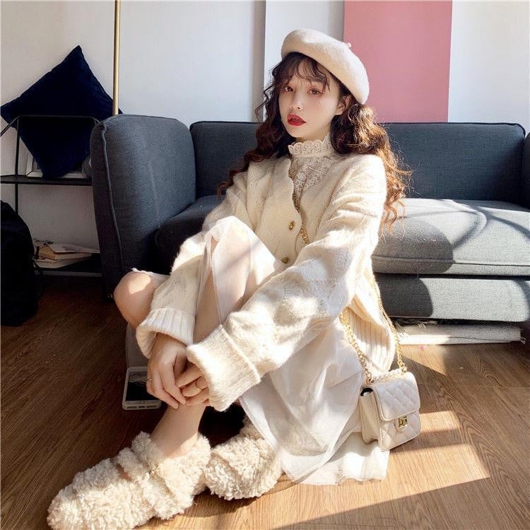 Cream Cardigan Over Lace-Trimmed Dress Cream Cardigan Over Lace-Trimmed Dress — Soft Girl Outfits