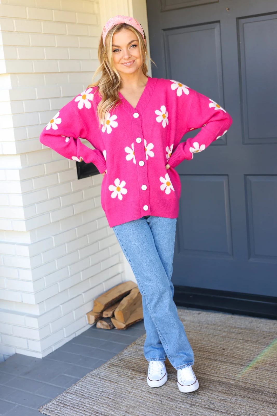 Pink Floral Print Cardigan with Headband Pink Floral Print Cardigan with Headband — Soft Girl Outfits