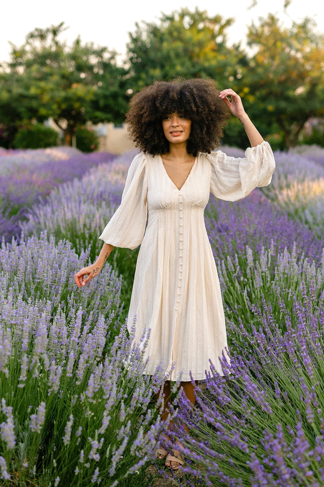 Cream Textured Cotton Midi Dress with Puffy Sleeves Cream Textured Cotton Midi Dress with Puffy Sleeves — Soft Girl Outfits