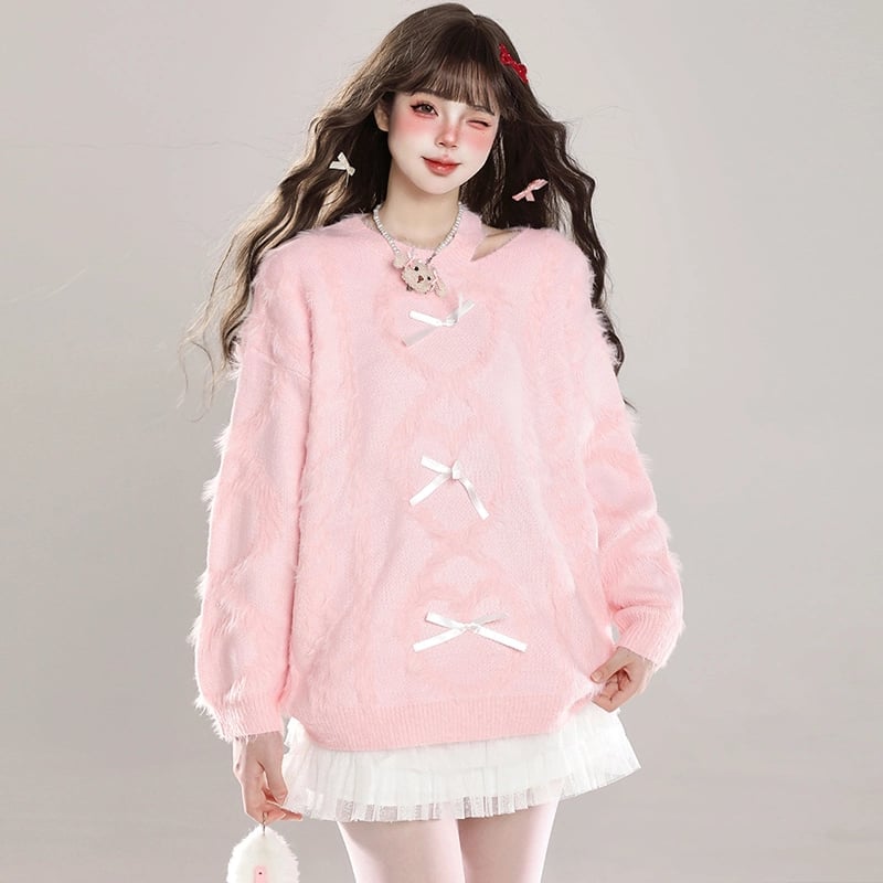 Fuzzy Pink Sweater with Bows and Mini Skirt Fuzzy Pink Sweater with Bows and Mini Skirt — Soft Girl Outfits