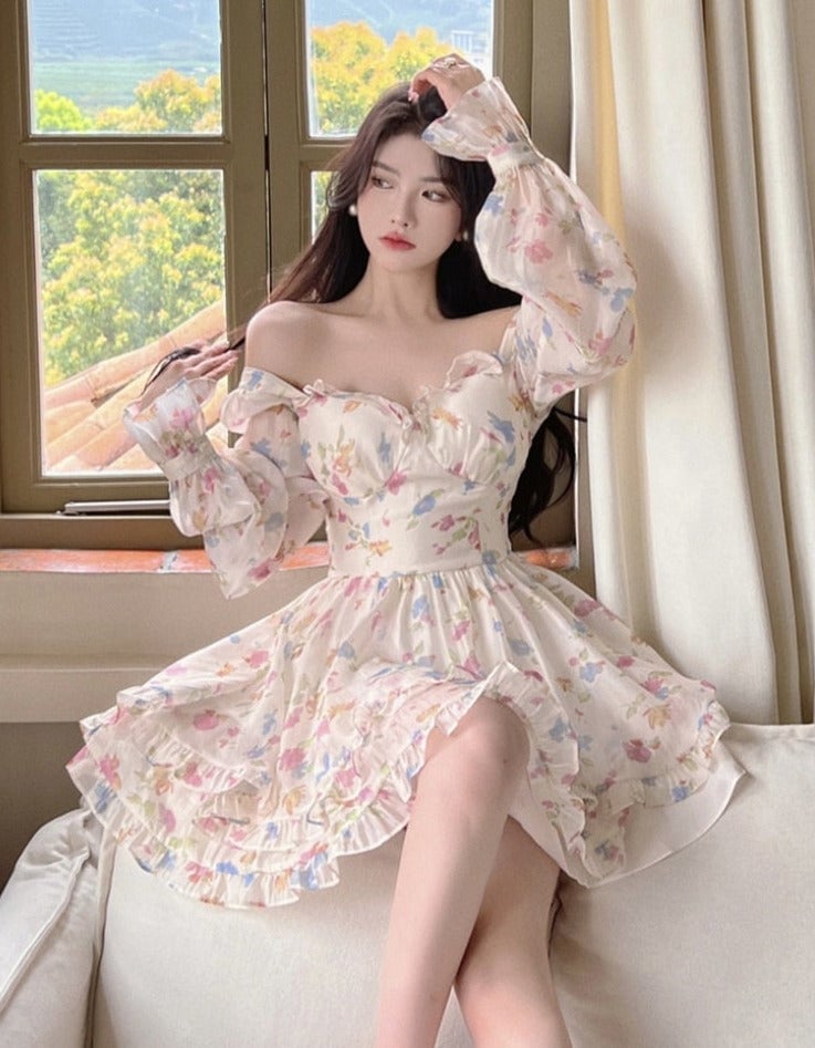 Pastel Floral Sweetheart Dress with Puff Sleeves Pastel Floral Sweetheart Dress with Puff Sleeves — Soft Girl Outfits