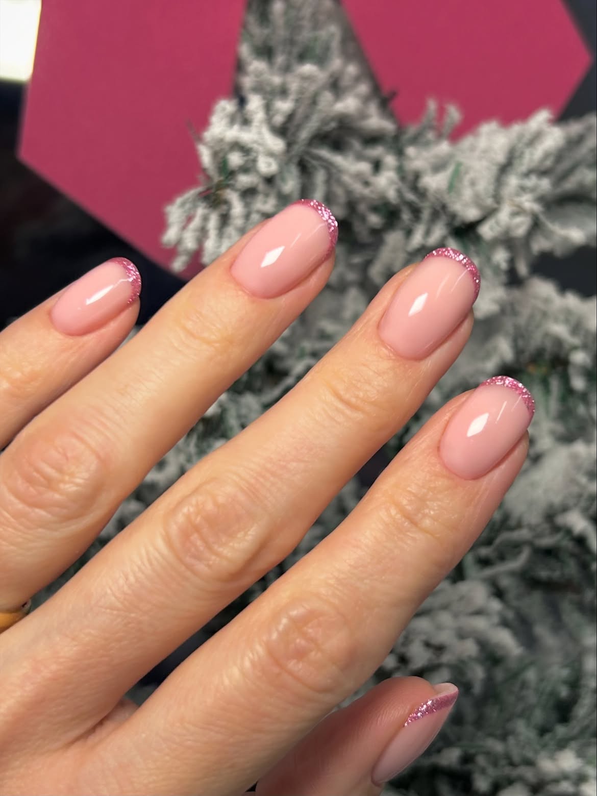 Soft Pink French Nails with Glitter Sparkle