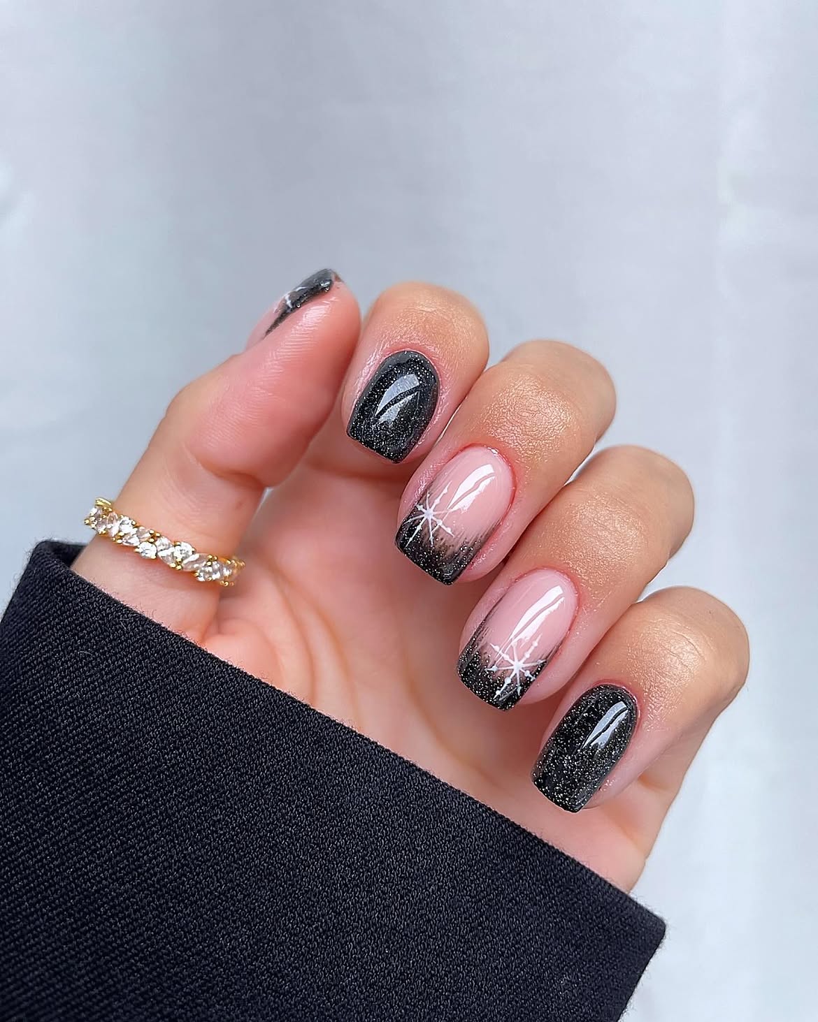 Sparkling Black French Tip Nails with Stars