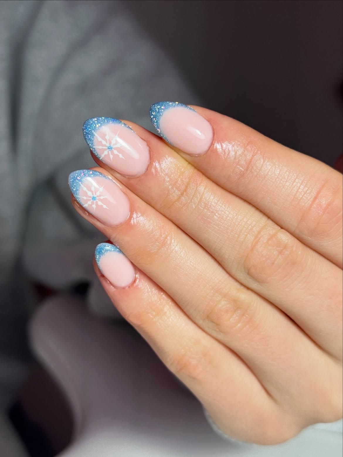 Sparkling Blue Glitter French Tip Snowflake Nails