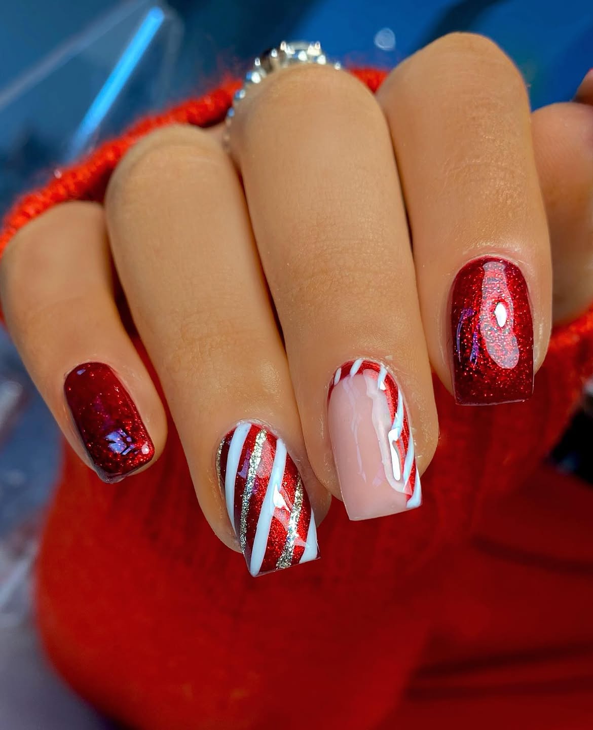 Sparkling Candy Cane Swirl French Tips