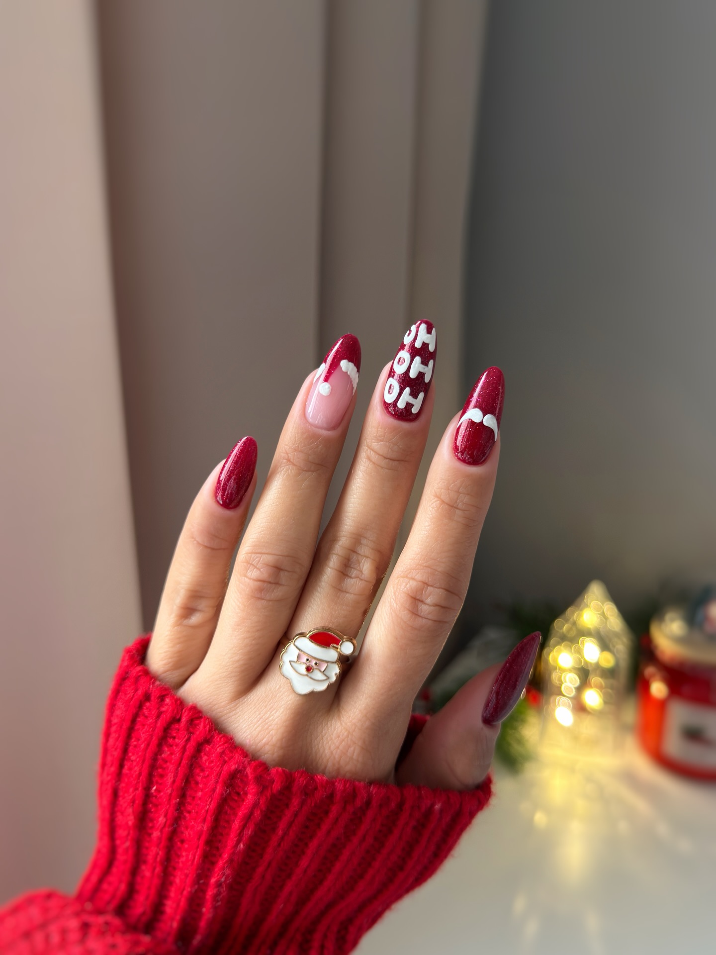 Sparkling Cherry Red Santa Hat French Tips
